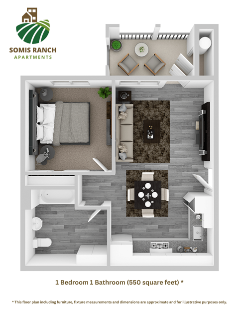 Floor plan for 1 bed, 1 bath, 550 sqft